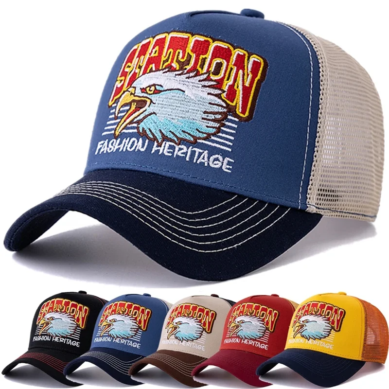 

New Sports Fish Eagle Bear Embroidery Baseball HatsNew Unisex Sunshade Color Block BreathableFashion Mesh Versatile Trucker Caps