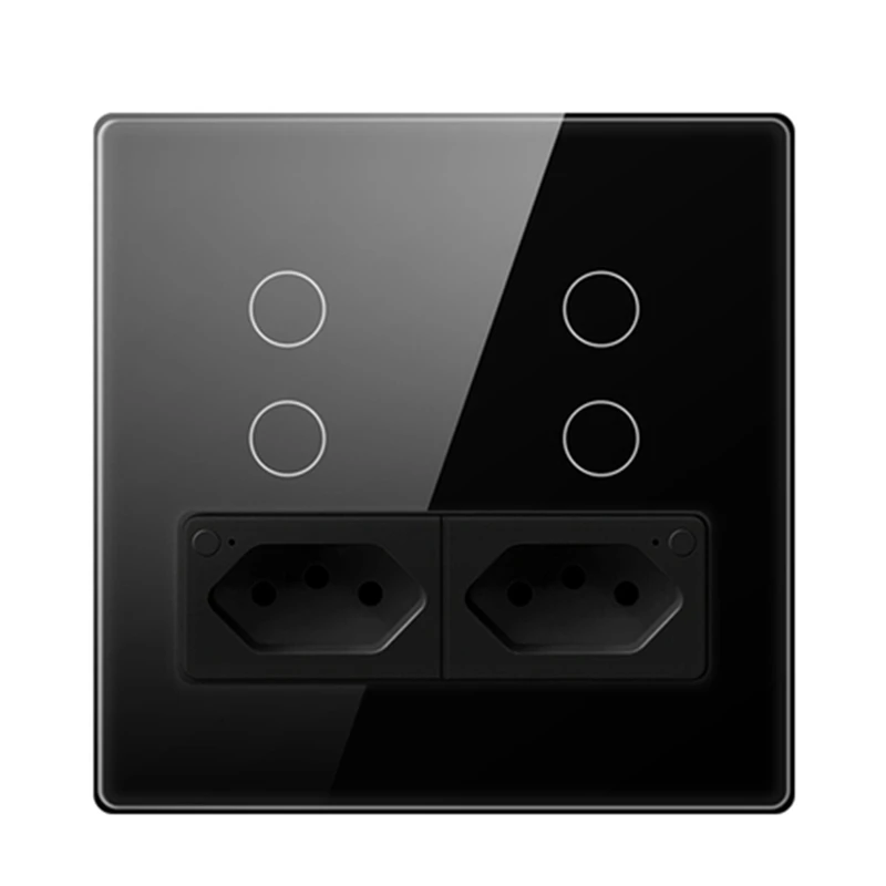 1 PCS Tuya Wifi Smart Brazil Wall Switch And Socket, 4 Buttons Switch Tempered Glass+PC For Alexa Google Home Black