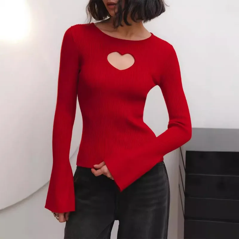 

Long Sleeved Tight Hollow Out Heart-shaped Knitted Sweater for Women in Autumn and Winter Solid Color Versatile Top Base Shirt