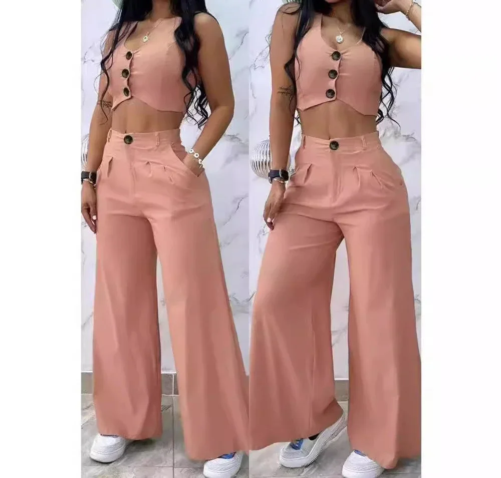 

Sleeveless Two Piece Sets Womens Outifits Casual Solid Short Vest Draped High Waisted Wide Leg Pants Suit for Female Summer 2024