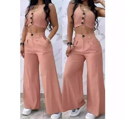 Sleeveless Two Piece Sets Womens Outifits Casual Solid Short Vest Draped High Waisted Wide Leg Pants Suit for Female Summer 2024