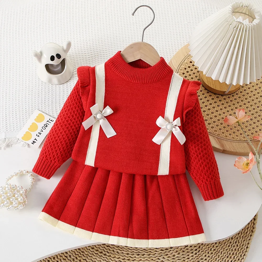 Girls Clothes Butterfly Knot Color Blocked Sweater Set Autumn Winter Long Sleeved Knitted Sweater+Pleated Skirt Children's Sets