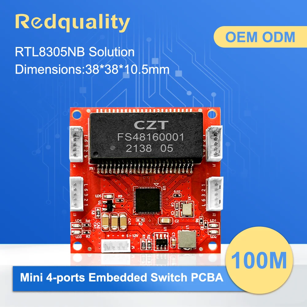 Mini 100 Mbps 4-port embedded PCBA switch designed for industrial automation, supporting a wide range of 5–12 VDC input voltages