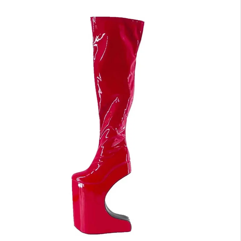 FHC 30CM Bent Heel.Women Knee High Boots,Men Fetish Bed Cosplay Shoes.Platforms Long Botas.Round Toe,Pink,Red,Custom Colors