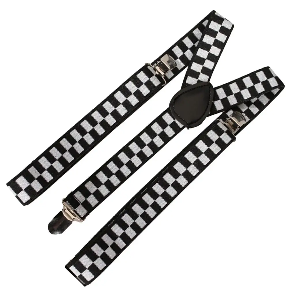 ファッションクリップオンブレース-調節可能なyバックサスペンダー-伸縮性のある黒と白のチェック柄-メンズスーツやカジュアルウェア用