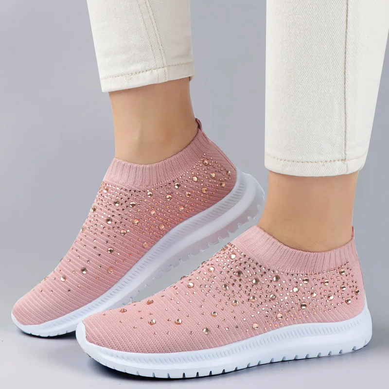 Vulcanized Sock Shoes 2023 Women Trainers Knitted Sneakers Ladies Slip-on Sparkly Crystal Zapatillas Mujer Casual Plus Size 43