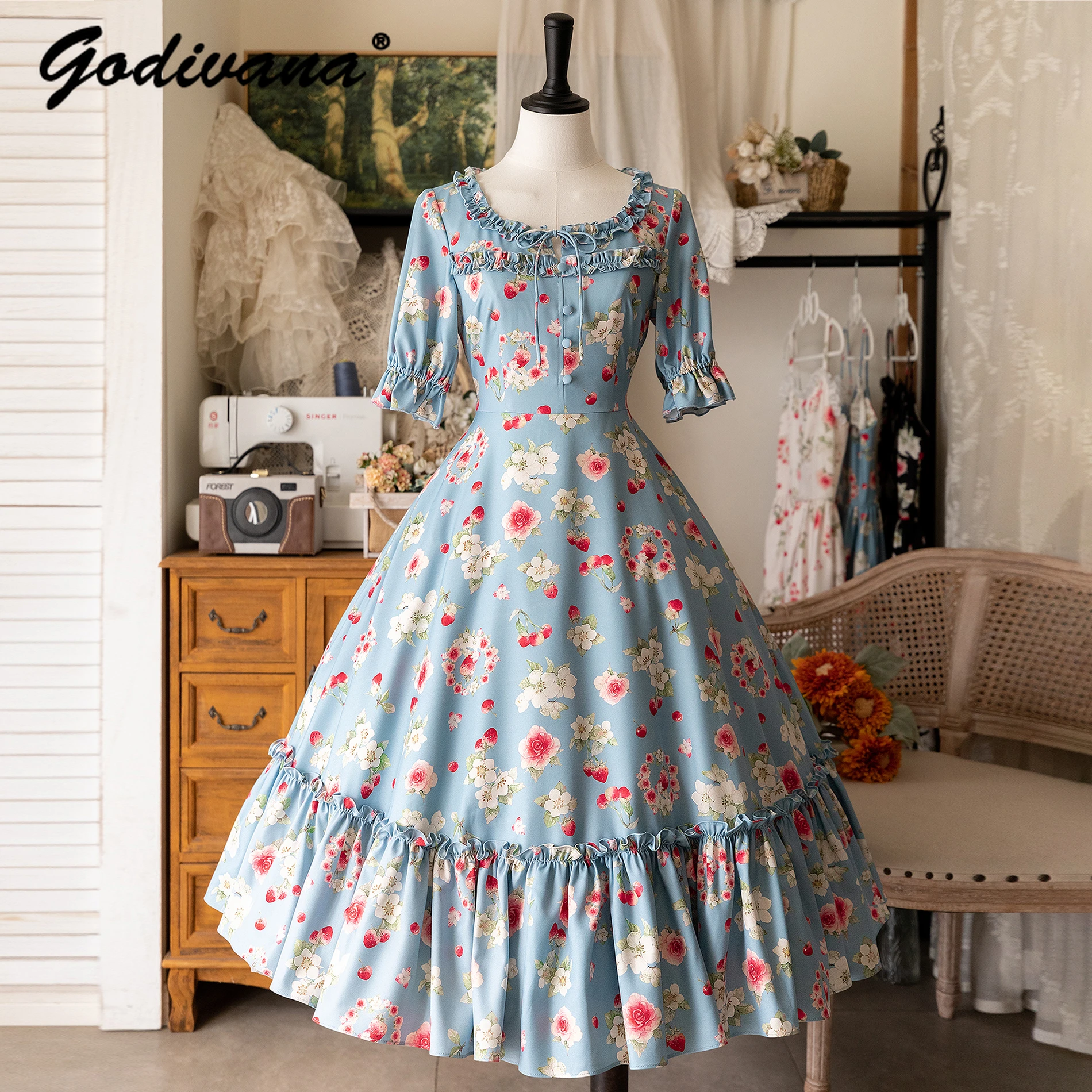 

Retro 2024 Spring and Summer Classical CLA Elegant Lolita OP Dress Ladies Short Sleeve Flower Printed Long Dresses