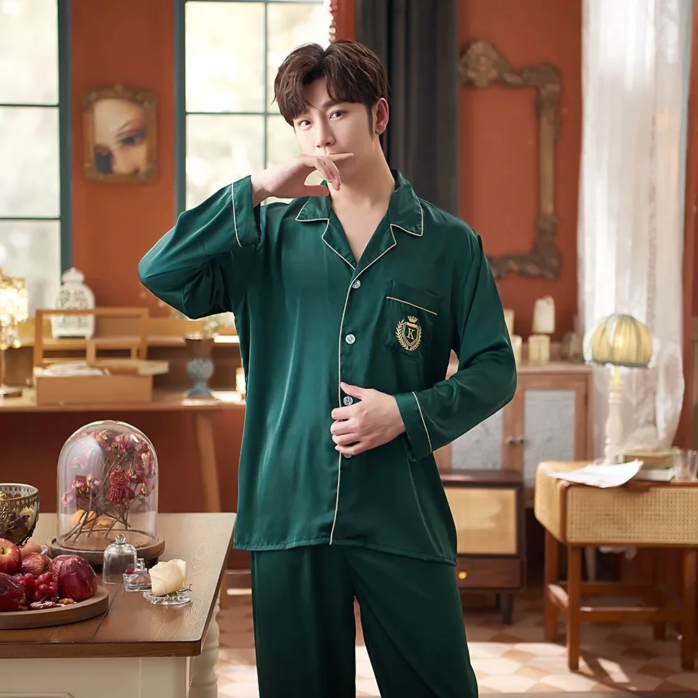 Men Green Pajamas Set Satin Silky 2PCS Sleepwear Long Sleeve Shirt&Pants Male Casual Sleep Set Spring New Pyjamas Suit Homewear