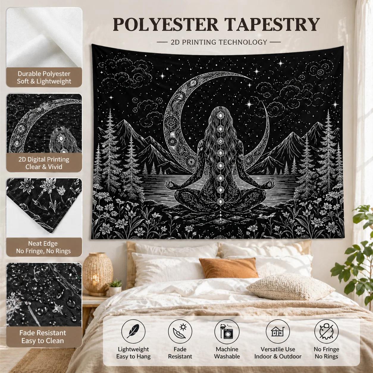 Bohemian Moon Phase Tapestry Flat Print Black White Mountain Forest Wall Art AestheticCelestial Wall Hanging for Living RoomDorm