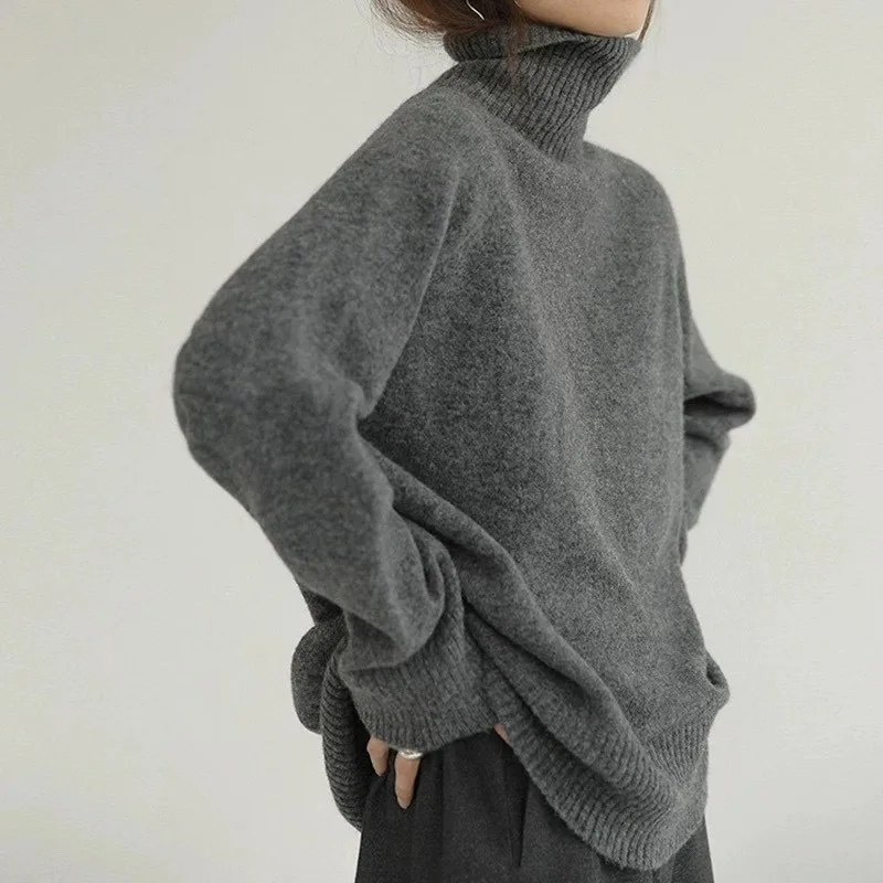 Fashion Long Sleeve Turtleneck Sweater Autumn Loose Oversize Casual Pullover Thick Warm Knitted Jumper Knitwear Top for Women