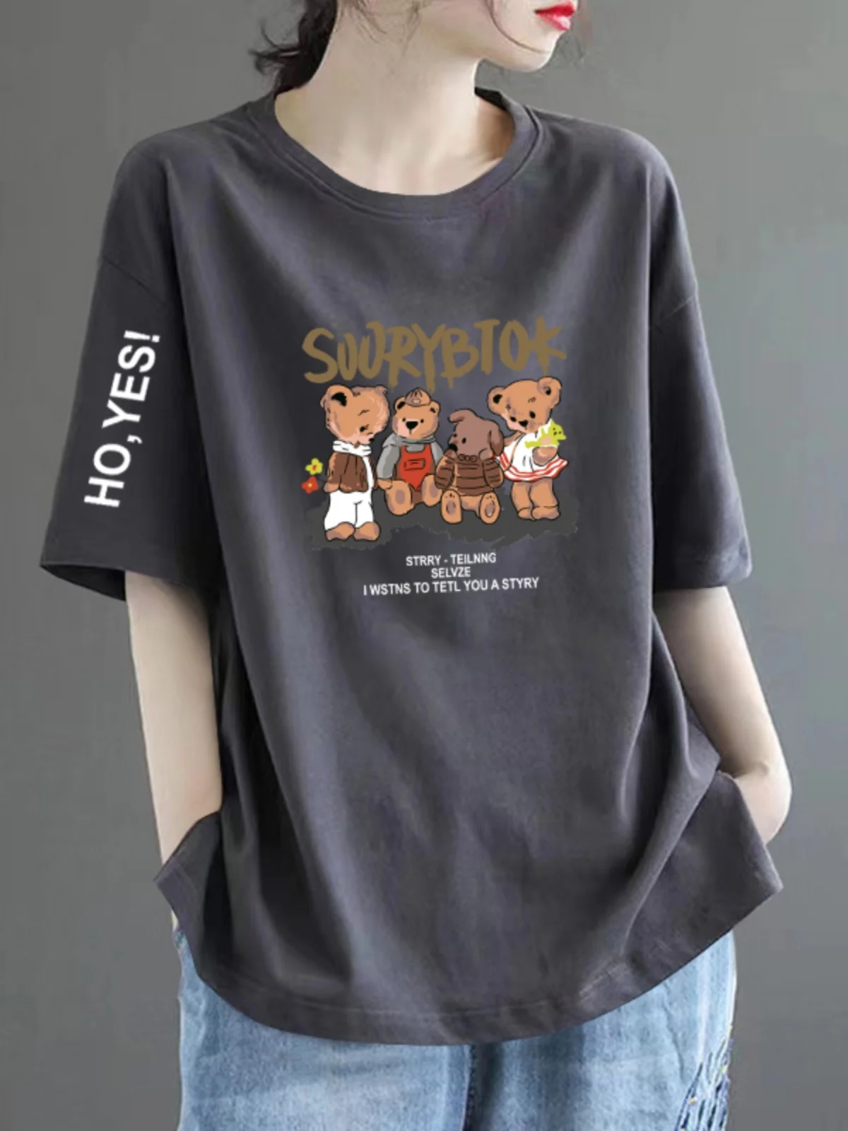 

Faionable Pure Cotton T-irt Women's Summer New Sle Printed ort Sve Top Label Clip Button Korean Loose Fit round Ne