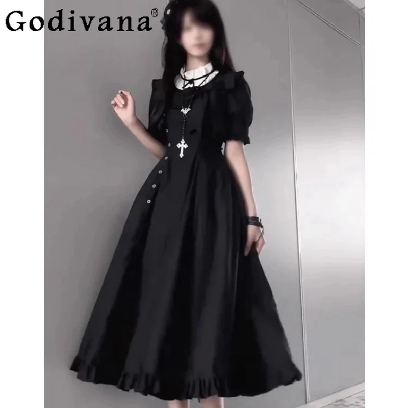 

Elegant Dark Lolita Short Sleeve Dress for Women Summer 2025 New High Waist Slimming Dress Female Black Sweet Long Dress