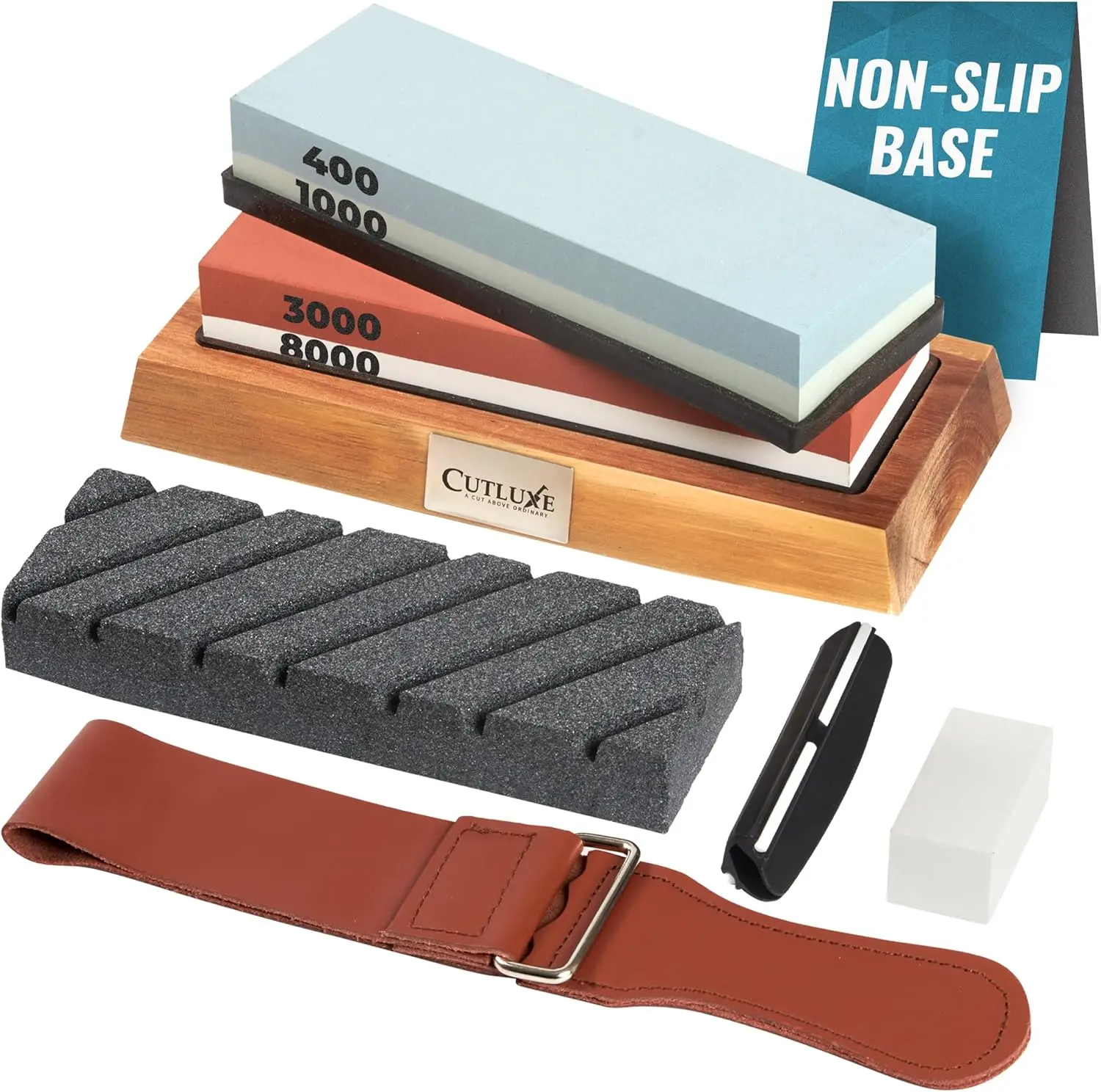 

Professional Knife Sharpener Kit with 4 Grit Stones, Wood Base, Angle Guide & Strop for Razor-Sharp Blades