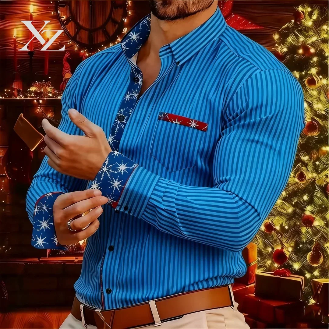 Hot Sale Christmas Men's Buttoned Shirt, Long Sleeve Casual Wear with Embroidered Patchwork, Daily Series For 2026