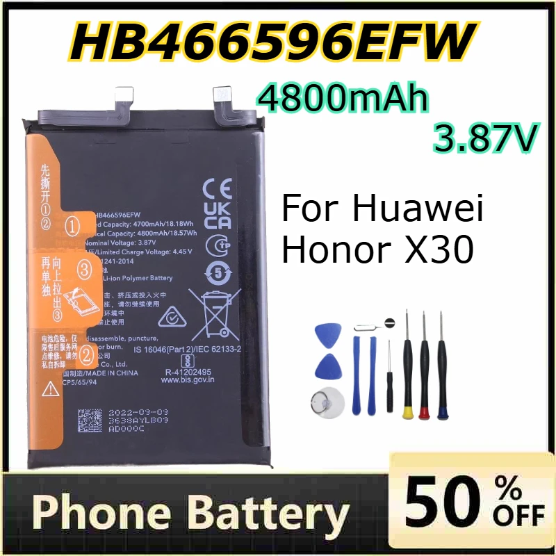 

4800mAh 3.87V HB466596EFW Rechargeable Mobile Phone Battery for Huawei Honor X30 Large Capacity Lithium Battery +Tool