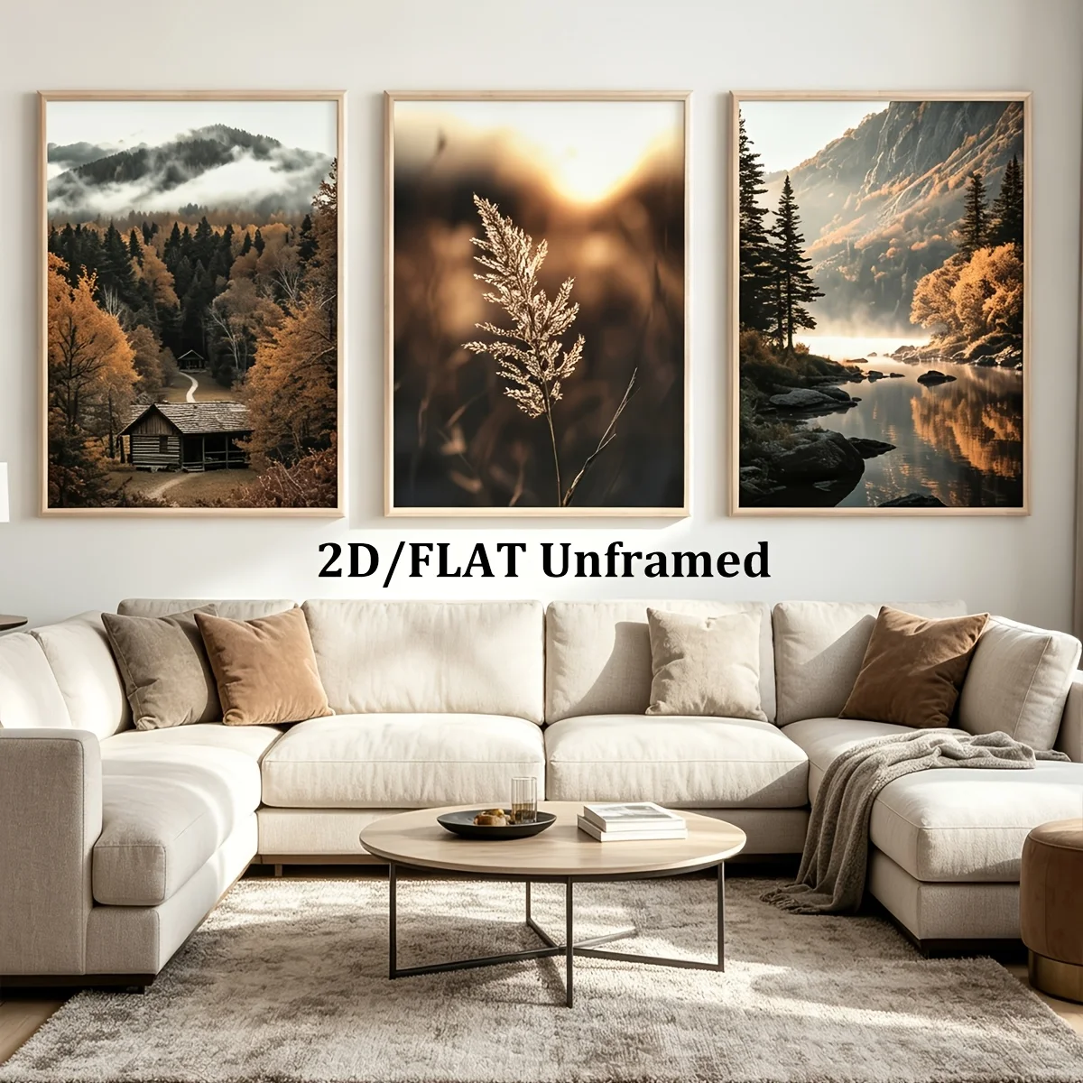 2D Flat, Frameless Canvas Poster, 3pcs Set Autumn Forest Cabin Reed Triptych Decorative Painting, Vintage Brown-toned Misty A