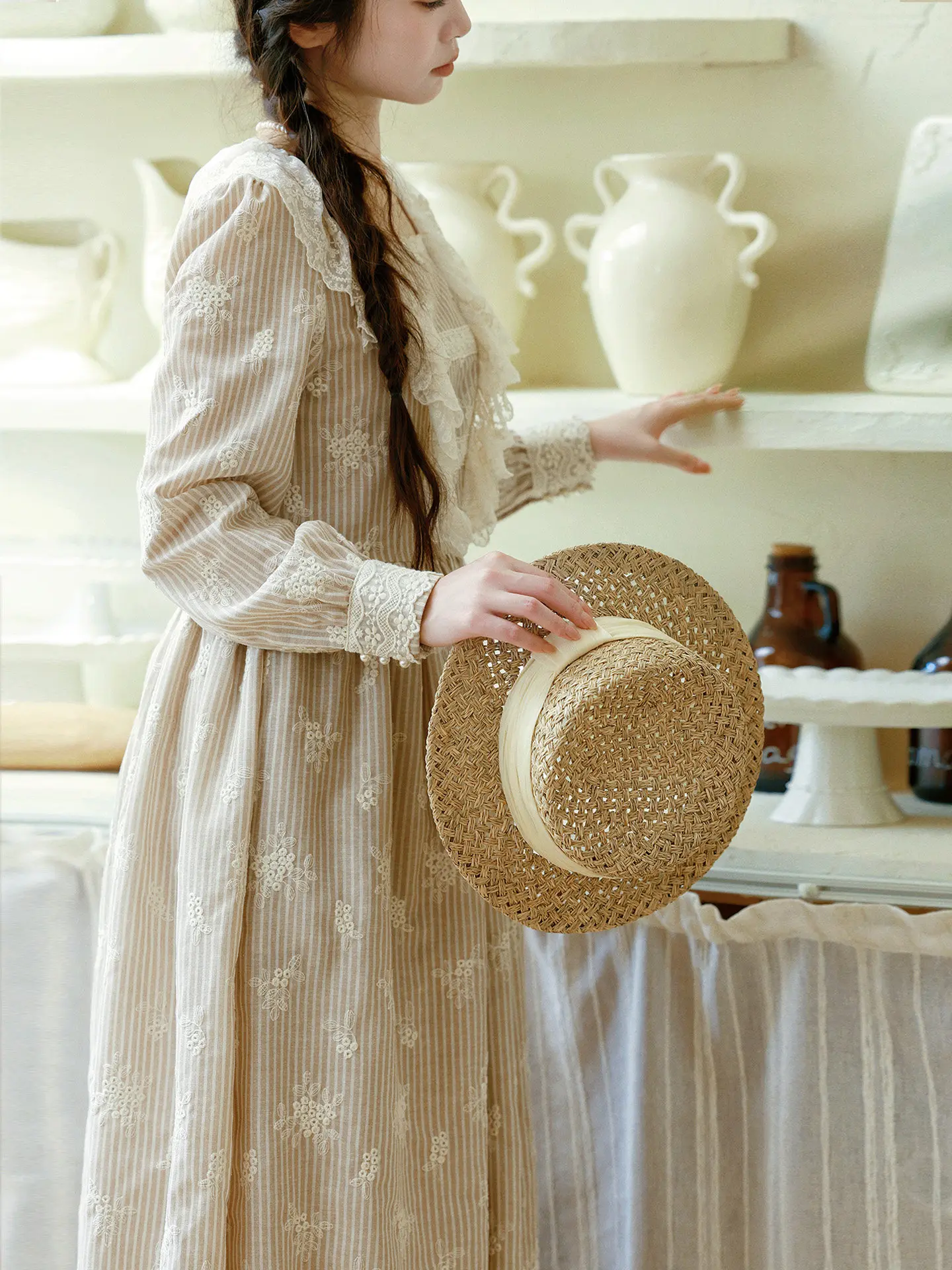티이하일리 봄 가을 여성 베이지 자수 드레스 긴팔 롱 미디 기장 여성용 S-L 빈티지 하이웨이스트 2026 코튼 레이스