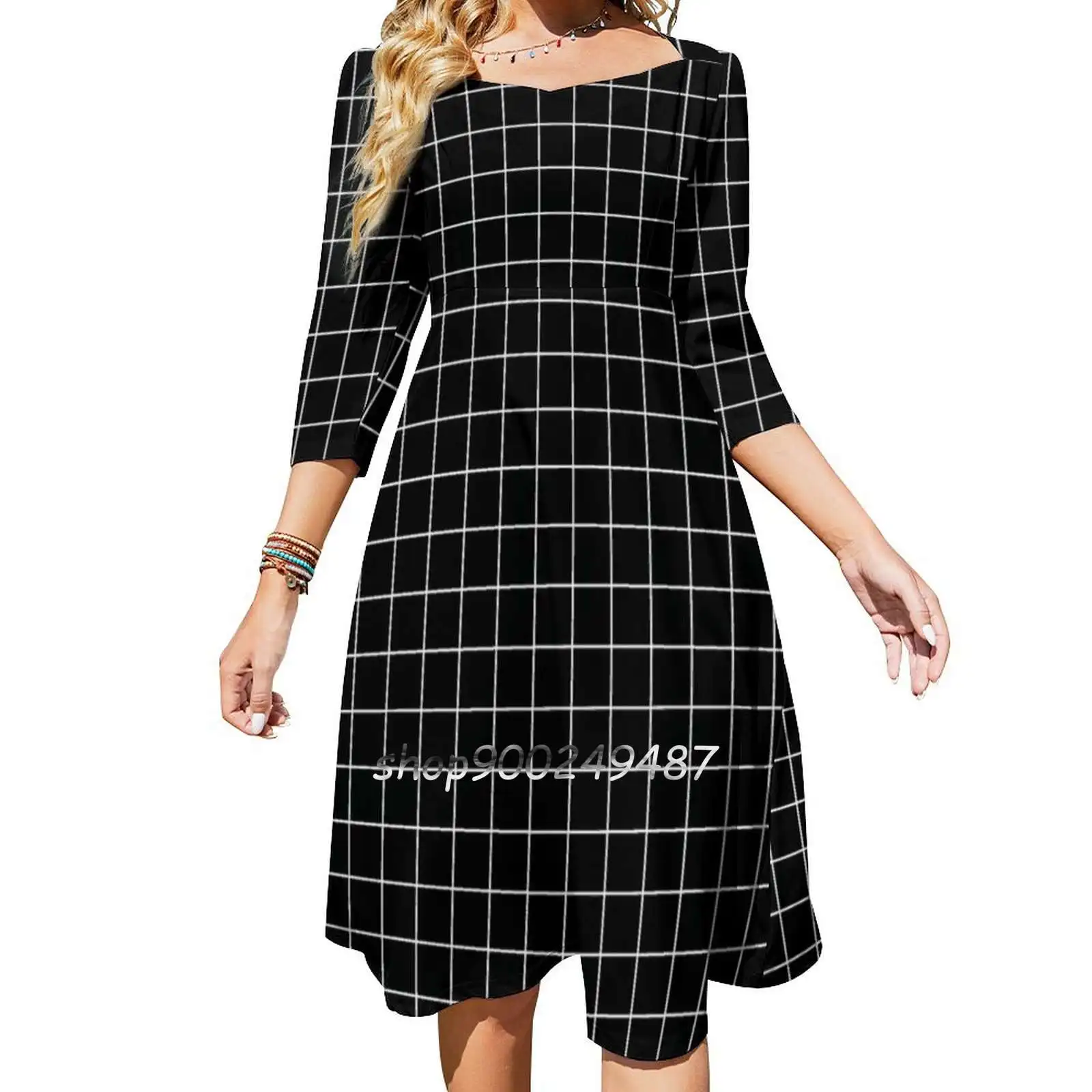 Aesthetic Black And White Grid Paper Imitation Hd High Square Neck Dress Cute Loose Print Dresses Elegant Beach Party Dress