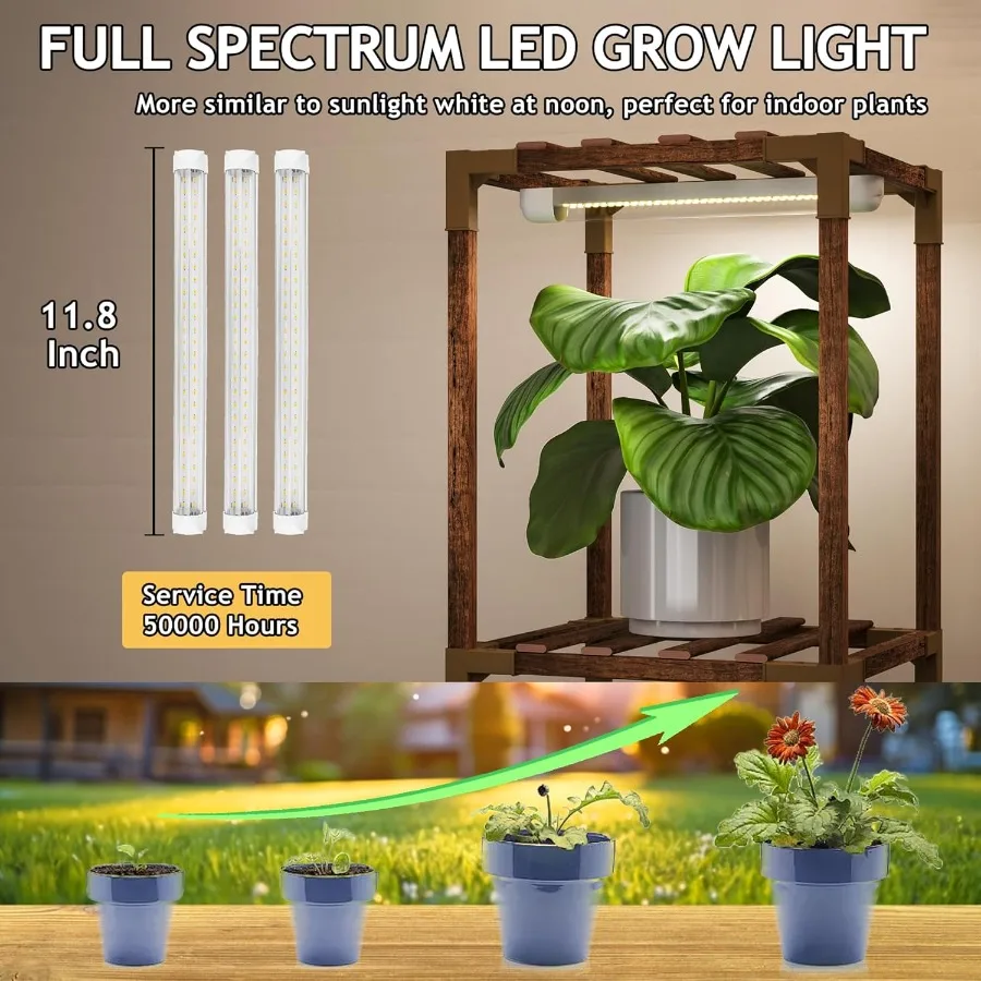 Plant Stand with Grow Light Lighted Plant Shelf Indoor for Multiple Plants Wood Tall Plant Rack with Grow Lights Flower