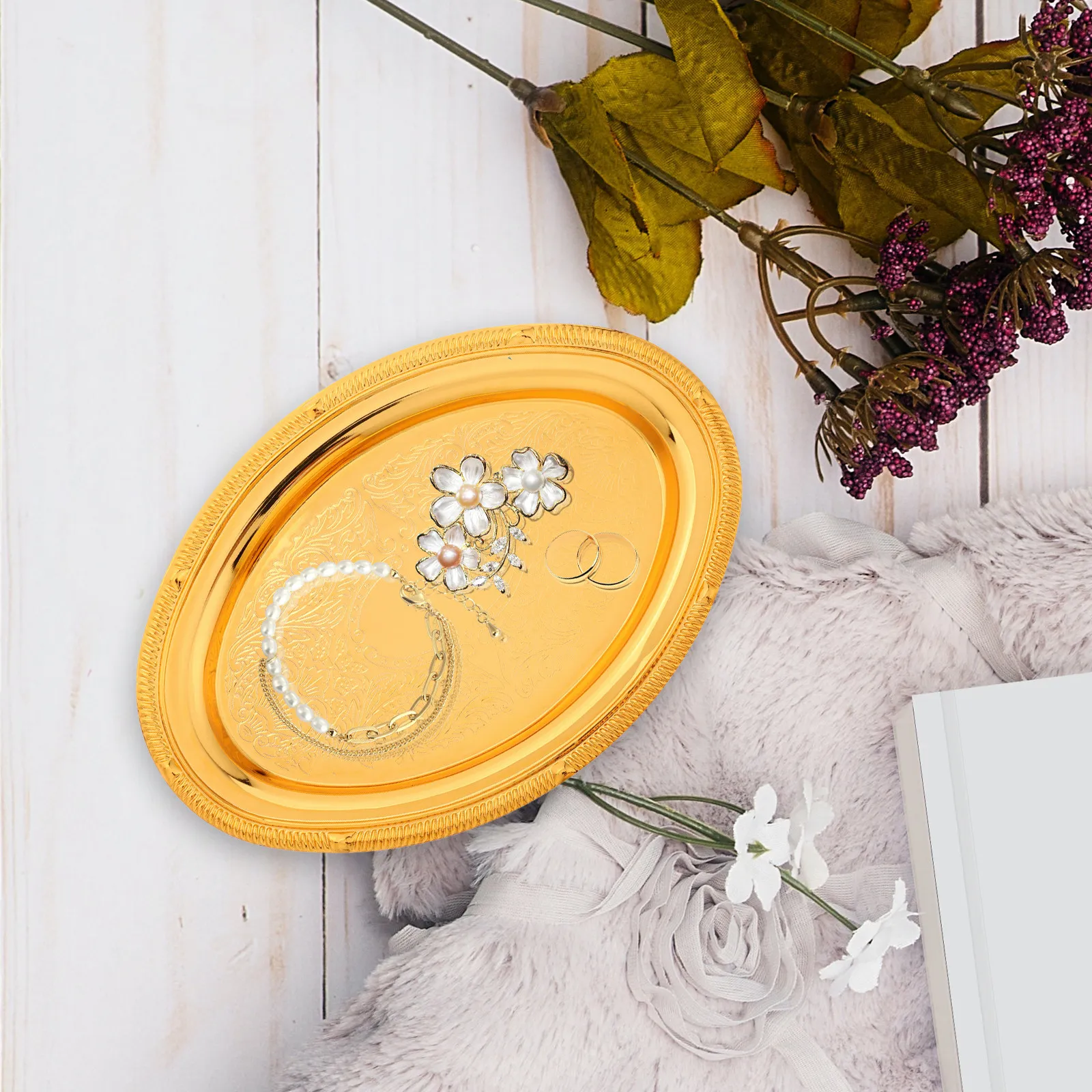 

Винтажный поднос для украшений в европейском стиле, овальная тарелка для колец, декоративный барочный поднос для хранения мелочей и украшений для дома