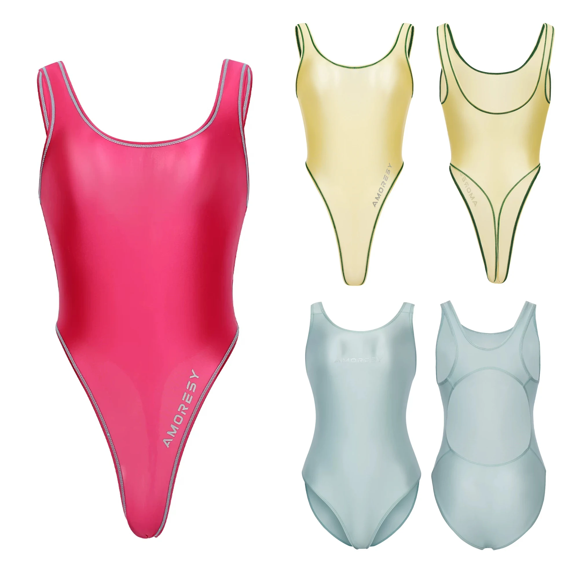 AMORESY glossy thin swimsuit cover belly high fork swimsuit thong swimsuit Color block oily swimsuit