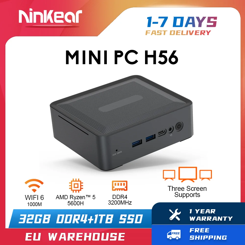 Ninkear-MINI PC H56, AMD Ryzen 5 5600H, 8 núcleos, hasta 4,2 GHz, 32GB, DDR4 + 1TB, SSD, WiFi 6, BT5.2, ventilador de refrigeración, admite tres