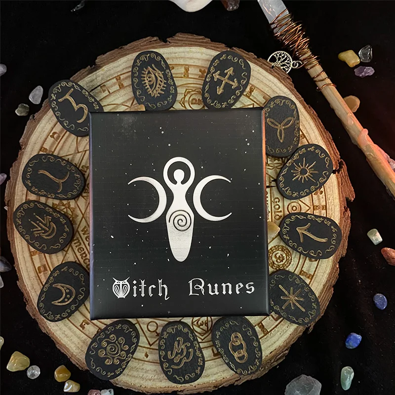 14Pcs Witch Rune Set Wooden Viking Rune Set Engraved Energy Stone Runas for Altar Divination Spiritual Mediation Wiccan Witchcra