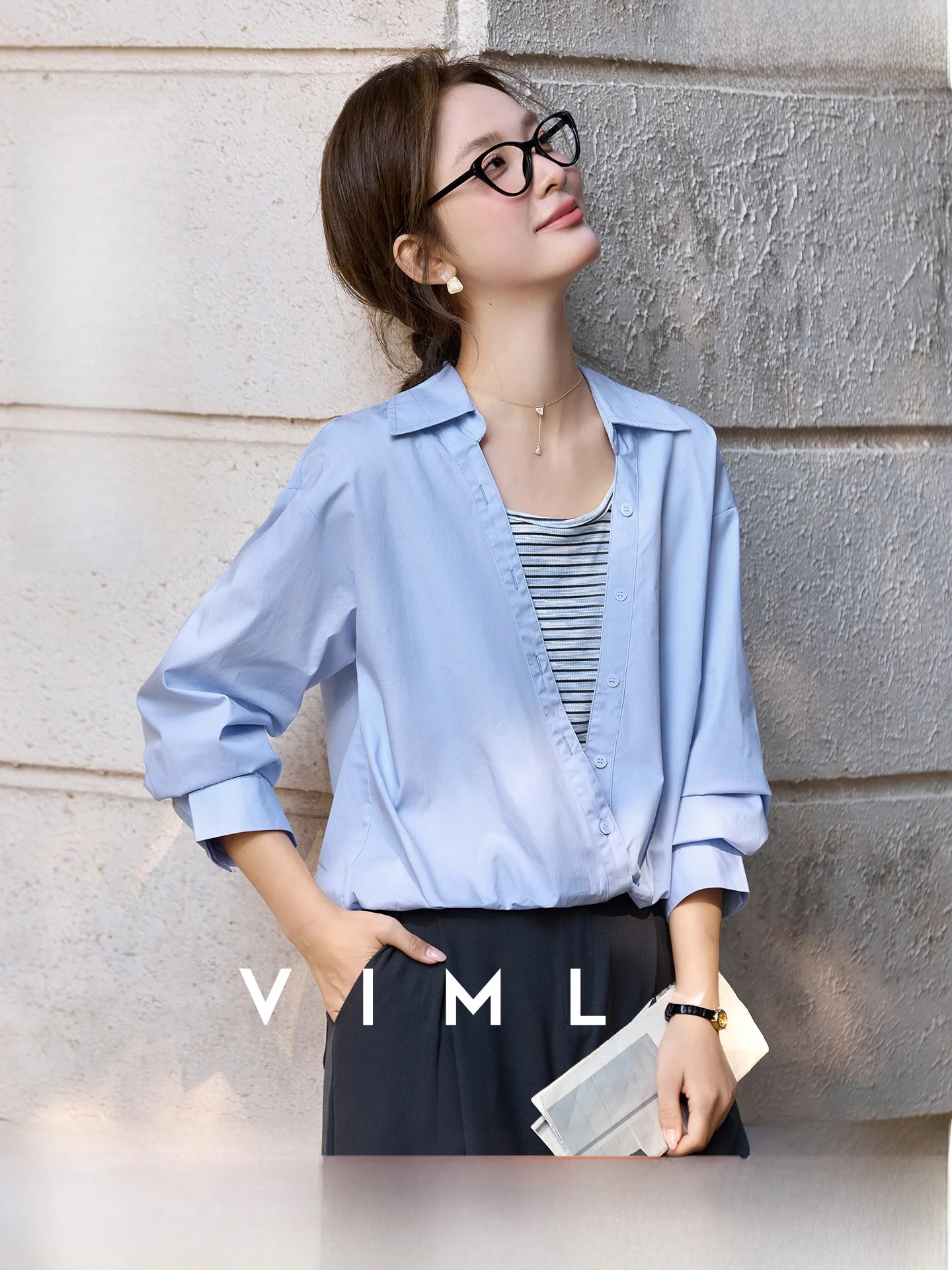 

Casual Style Light Blue Plaid Shirt Women's Spring New Style Commute Fashion Turn-down Collar Layered Wear Cotton Knitted Lon...