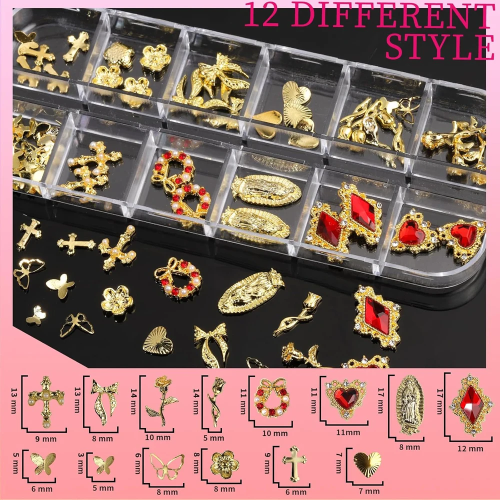 12 griglie 3D lega strass croce farfalla cuore rosa fiori pendenti per unghie gemma unghie cristallo diamante decorazione nail art accesso