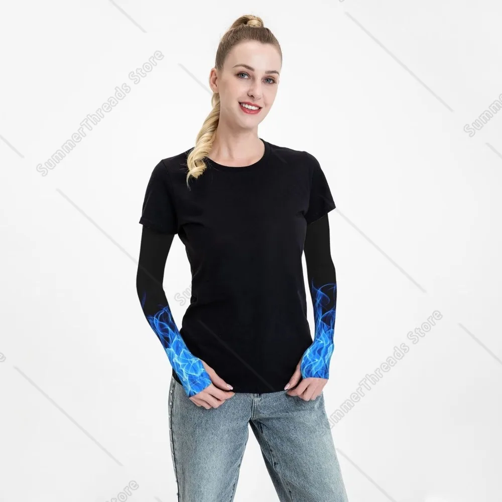 Protezione della copertura del braccio di raffreddamento in seta di ghiaccio per adulti con stampa Blue Flame e copertura del braccio di raffreddamento con foro per le dita leggera