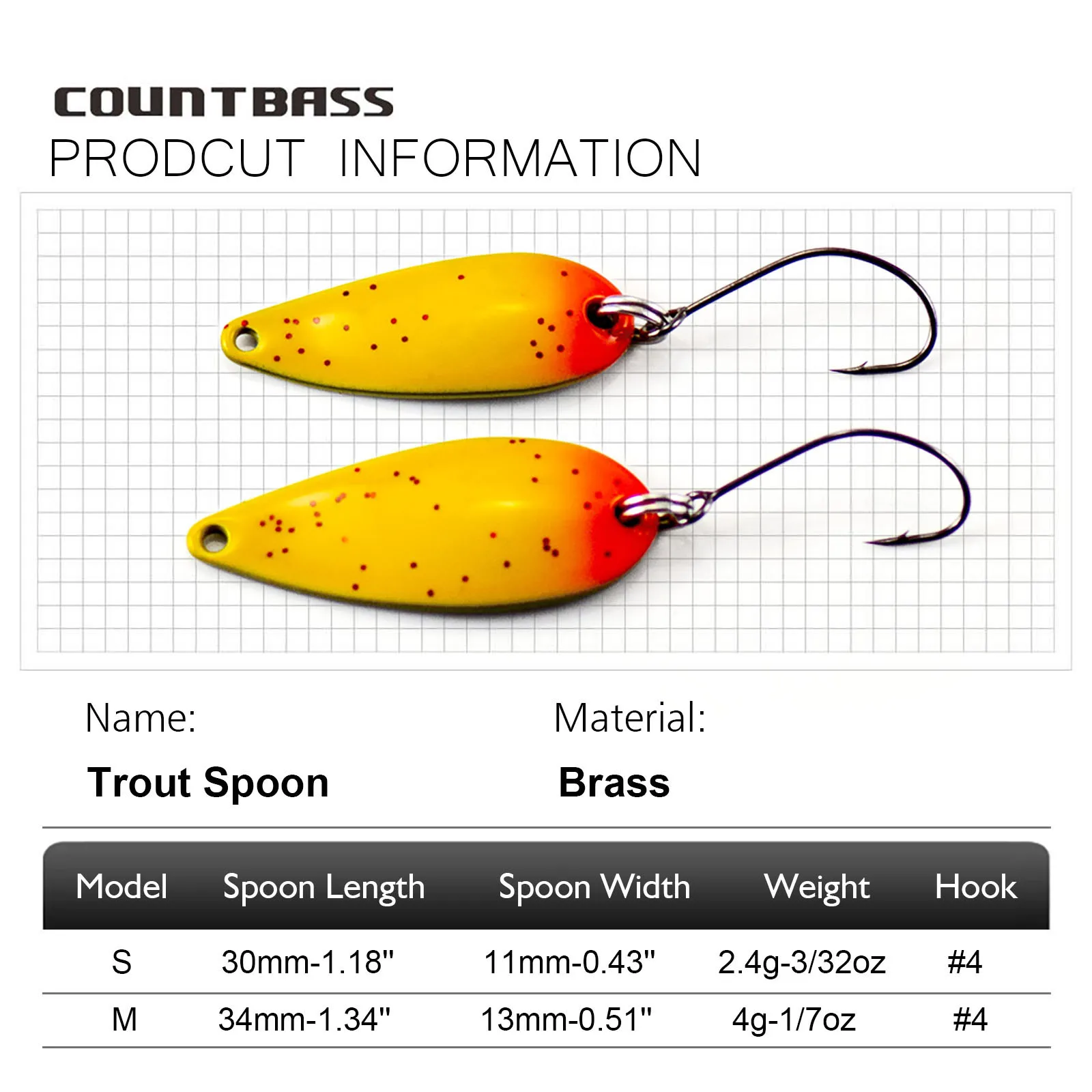 COUNTBASS Trout Spoons Size 2.4g and 4g Fishing Lures Casting Metal Baits for Salmon Pike Bass Brass Material