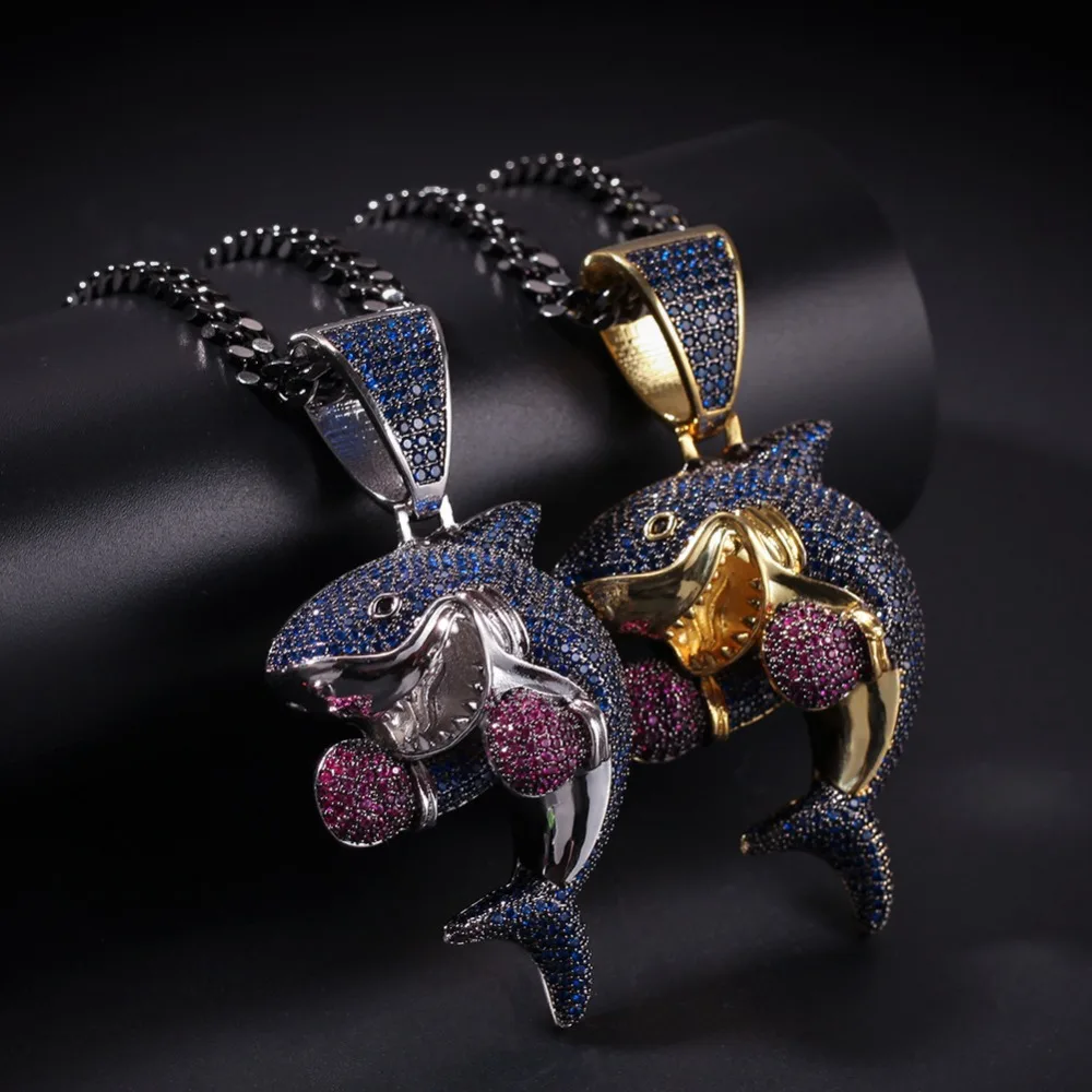 Hip Hop AAA Blue CZ Stone Paved Bling Ice Out Boxing Shark Pendants Necklace for Men Rapper Jewelry Gold Color Drop Shipping