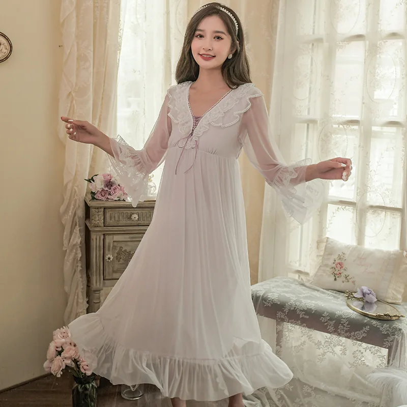 

Kawaii Lady Modal Nightgown Sexy V-Neck Lace Princess Dress Romantic Mesh Sleepshirt Fariy Laciness Homewear with Bra Loungewear