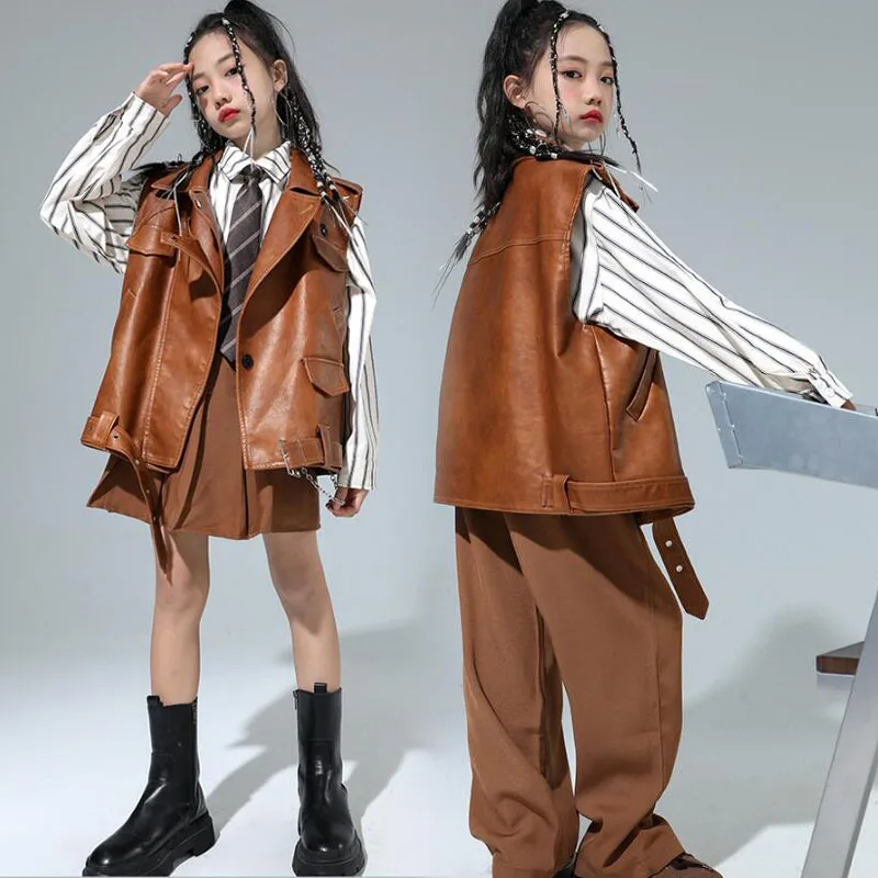エラズーズ単色ヒップホップウェアセット、ベスト、ストライプ、シャツ、スーツ、パンツ、ストリートウェア、子供、ストリート、ダンスウェア、キッズ、ジャズコスチューム