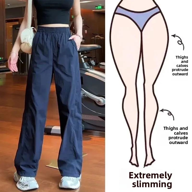 

Quick Dry Ice Silk High Waist Straight Leg Casual Wide Leg Pants Women's Summer Thin Sport Trousers Korean Style Fashion