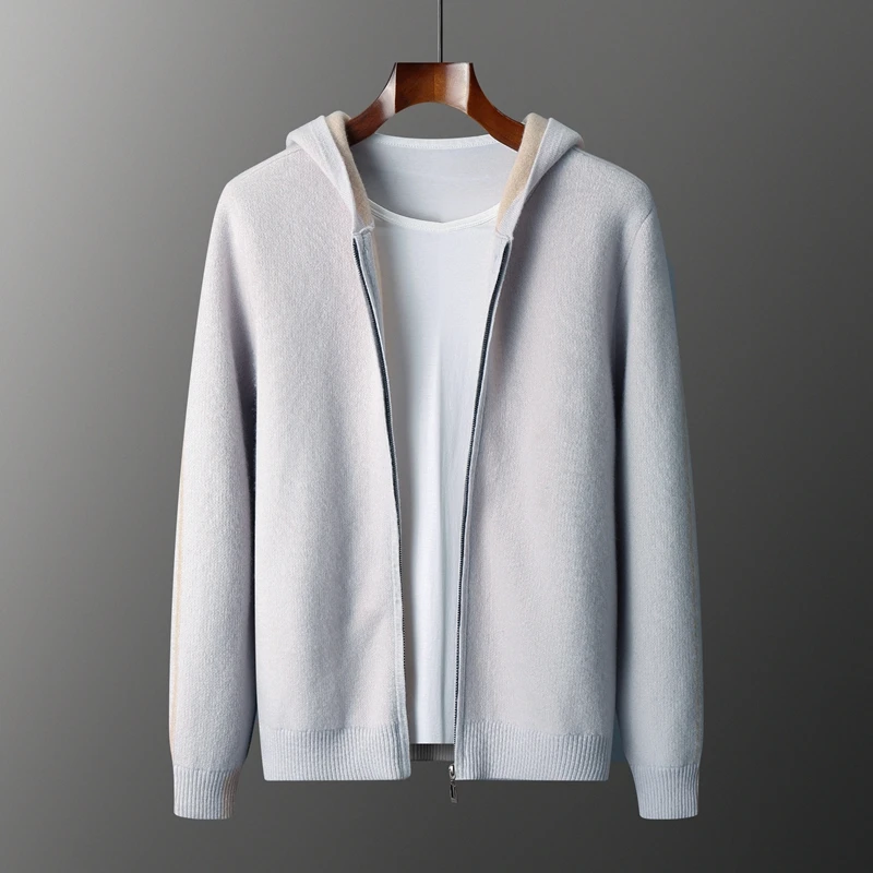 Autumn Winter Men's 100%Cashmere Sweater Cardigan Hoodie Collar Zip Front Soft Warm Solid color Sophisticated Knit Outerwear