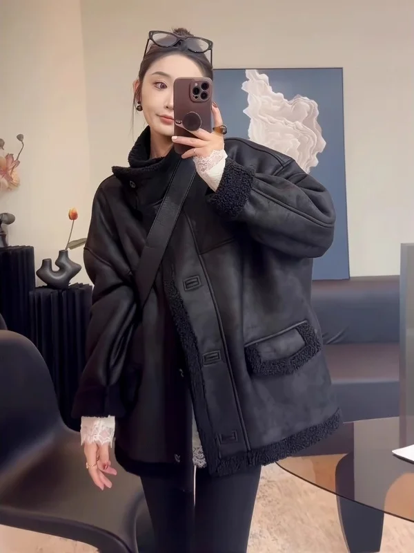 

Женская куртка из меха ягненка, зима-осень 2022, свободный воротник-стойка, теплый байкерский топ, модное интегрированное пальто из кожи и меха