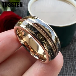 TUSSTEN 2024 New 8MM Rose Gold Color Meteorite Gold Foil Guitar String Ring Men Women Tungsten Wedding Band Real Wood Inlay