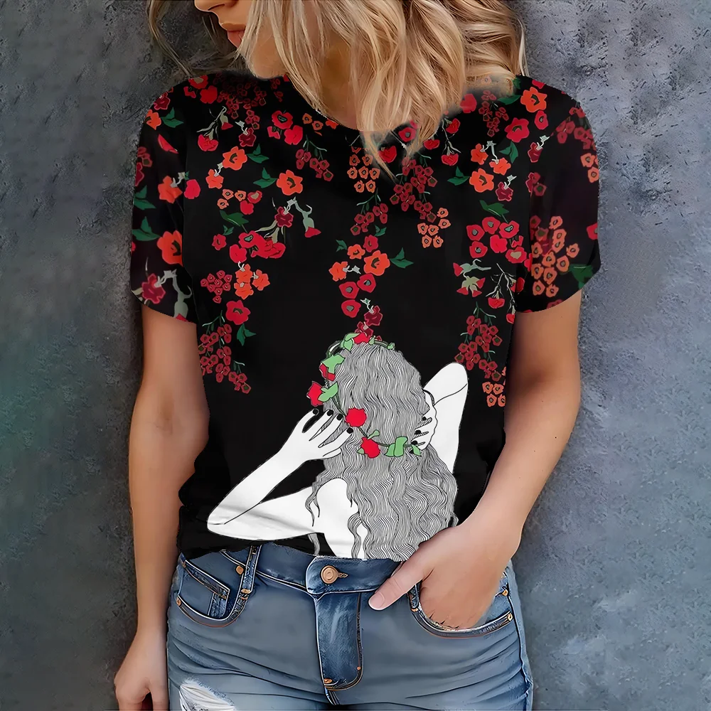 

Romantic retro style black with floral portrait design printed T-shirt for summer women's fashion casual short sleeved T-shirt