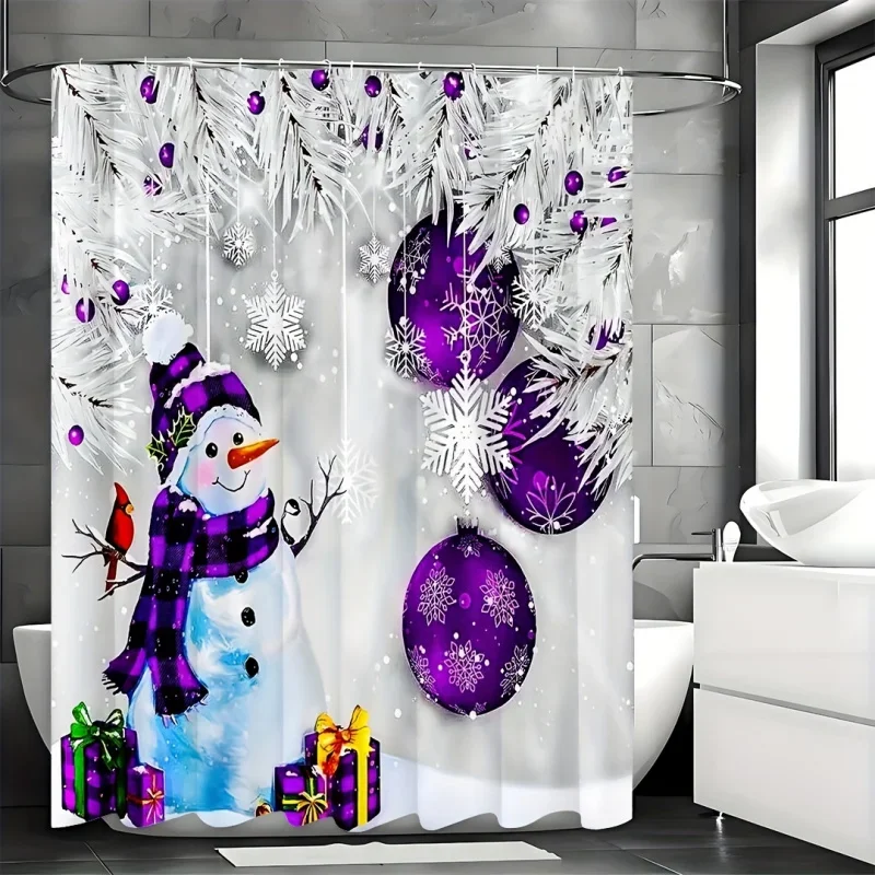 1pc Purple Snowman , Decorative Set, Including Waterproof Shower Curtain, 12 Plastic Hooks, Bathroom