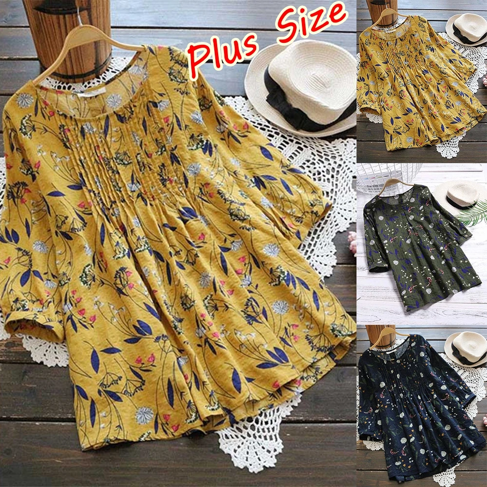 Women's Plus Size Tops Pullover T-Shirts Vintage Bohe Floral Print 3/4 Sleeve Tops Fashion Casual Loose Crew Neck Comfort Shirts