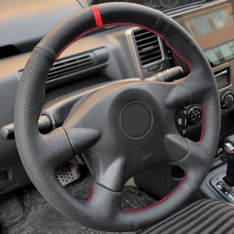 Car Steering Wheel Cover Leather Trim For Nissan Almera N16 X-Trail T30 Primera (P12) 2001-2007 Terrano 2 Pathfinder w/ red bar