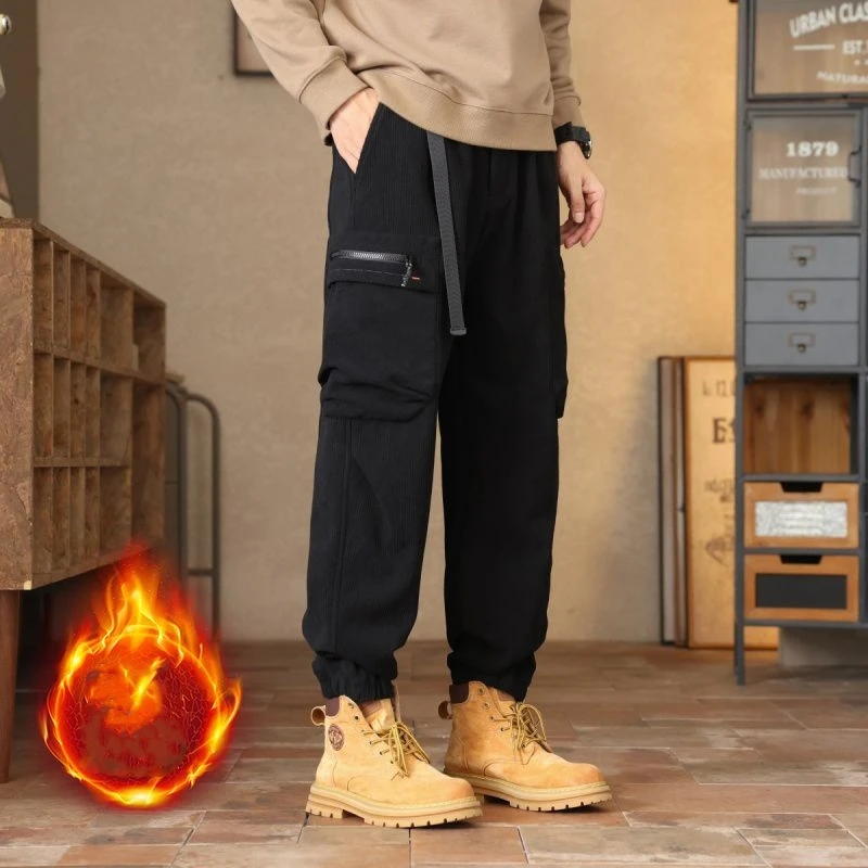 American-Style Cuffed Workwear Trousers Men's Winter New Loose Wide-Leg Thickened Fleece Jeans with Added Velvet Casual Pants