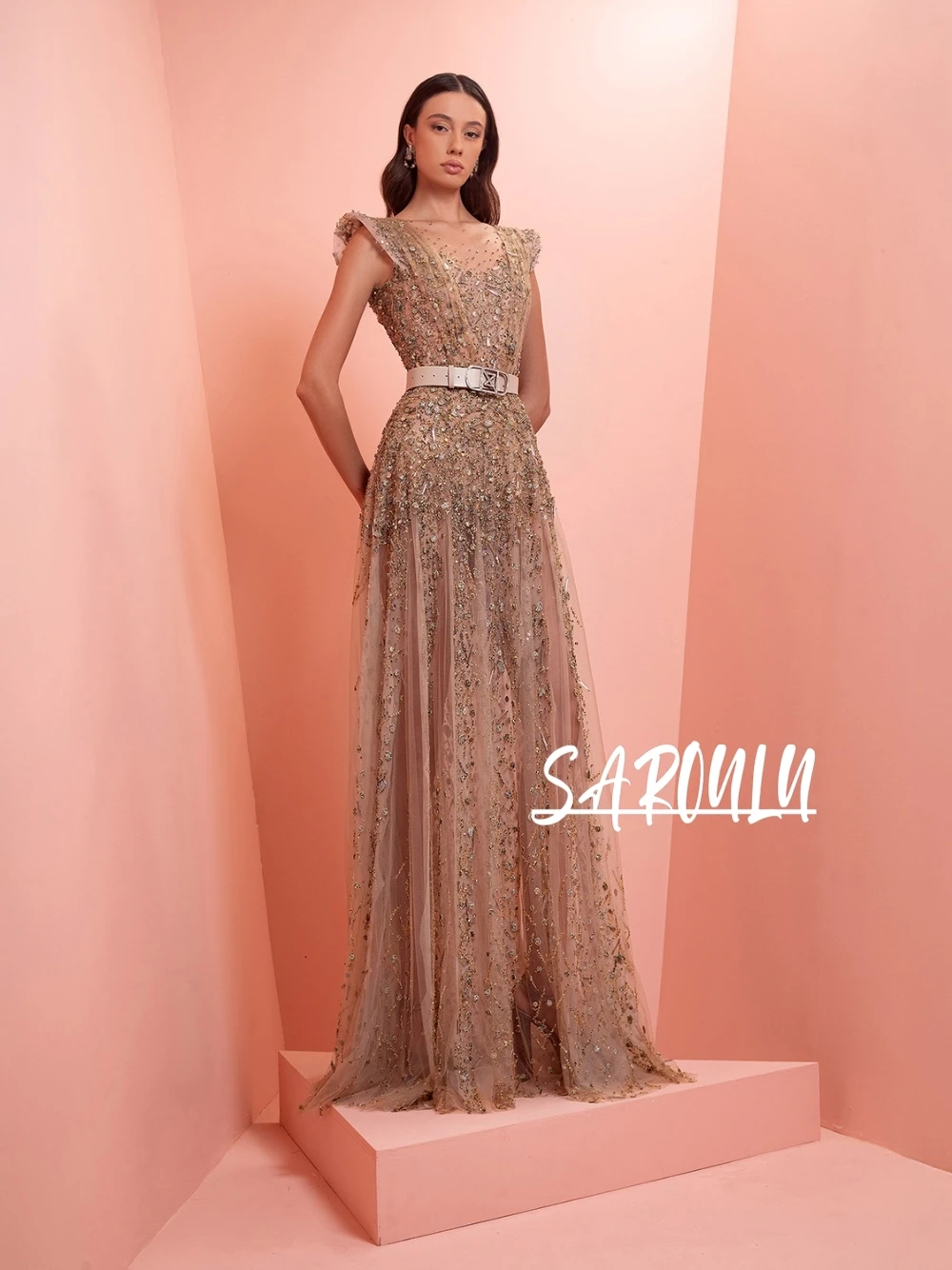 

Fashion Belted Sequin Evening Gown Women’s Sheer Mesh Formal A Line Sparkly Maxi Opulent Dress For Party Prom Customized