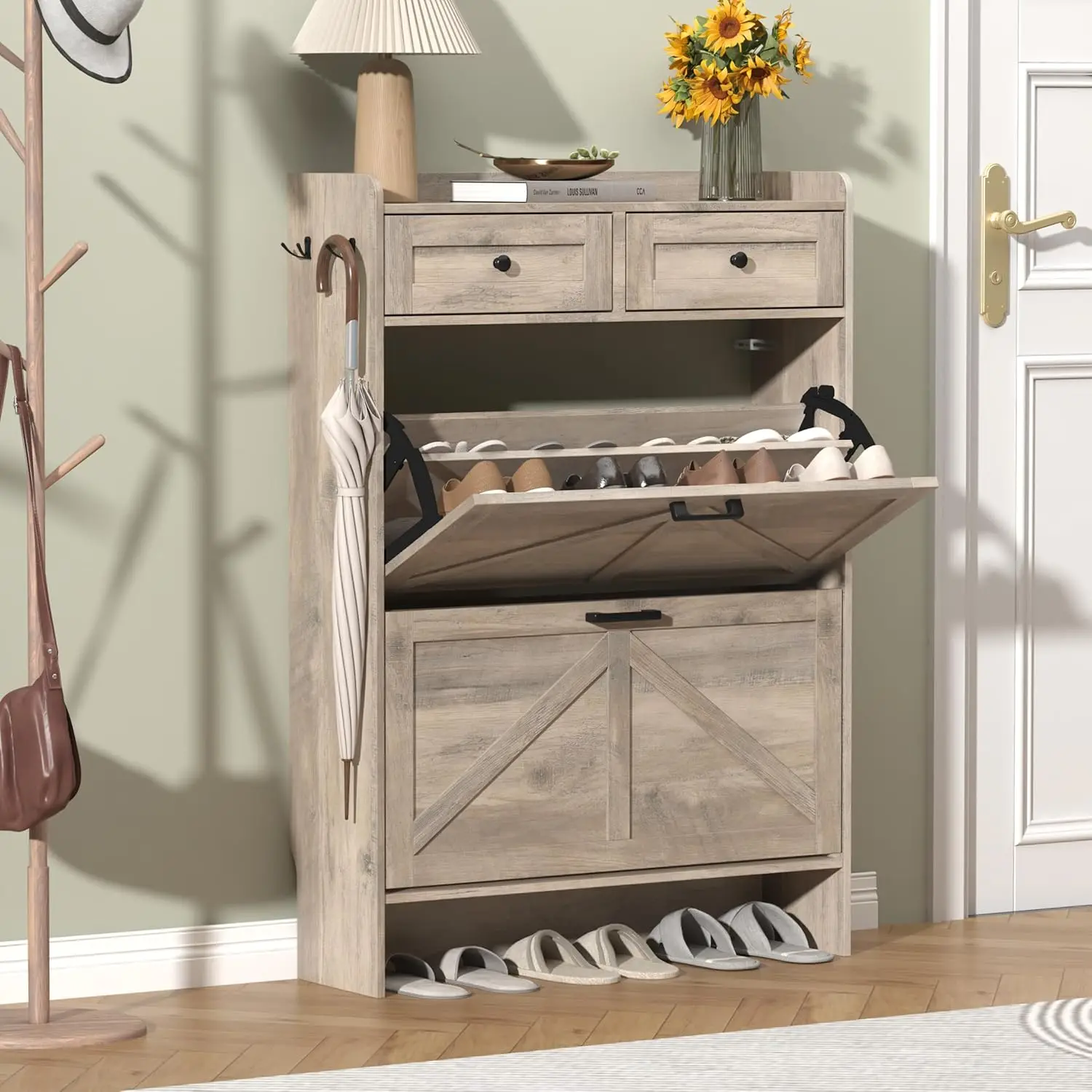 Shoe Cabinet with 2 Flip Drawers & 2 Storage Drawers, Rustic Farmhouse Narrow Shoe Organizer Cabinet, Slim Shoe Rack Cabinet, Sh