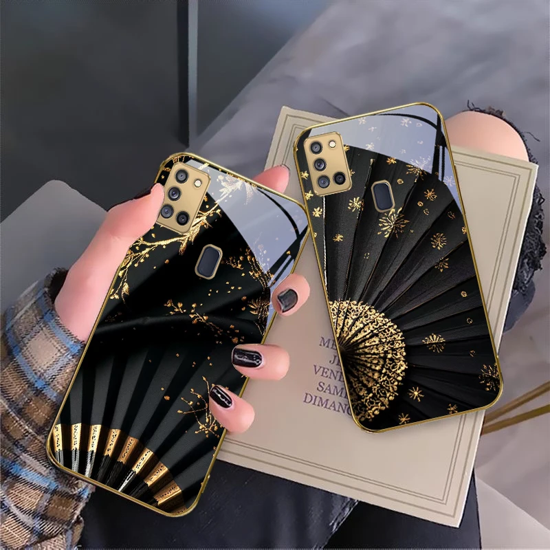 

Artistic black umbrella For Samsung A 70 71 72 73 14 15 13 16 25 A26 31 32 33 34 35 50 51 52 53 54 55 56 Golden glass phone case