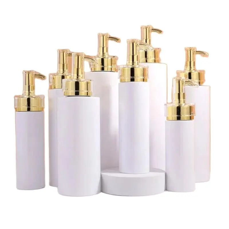 

10pcs White Plastic Bottle Luxury Gold Pump Cosmetic Refillable Empty Shampoo Lotion Bottles 100ml 120ml150ml 200ml 300ml 500ml