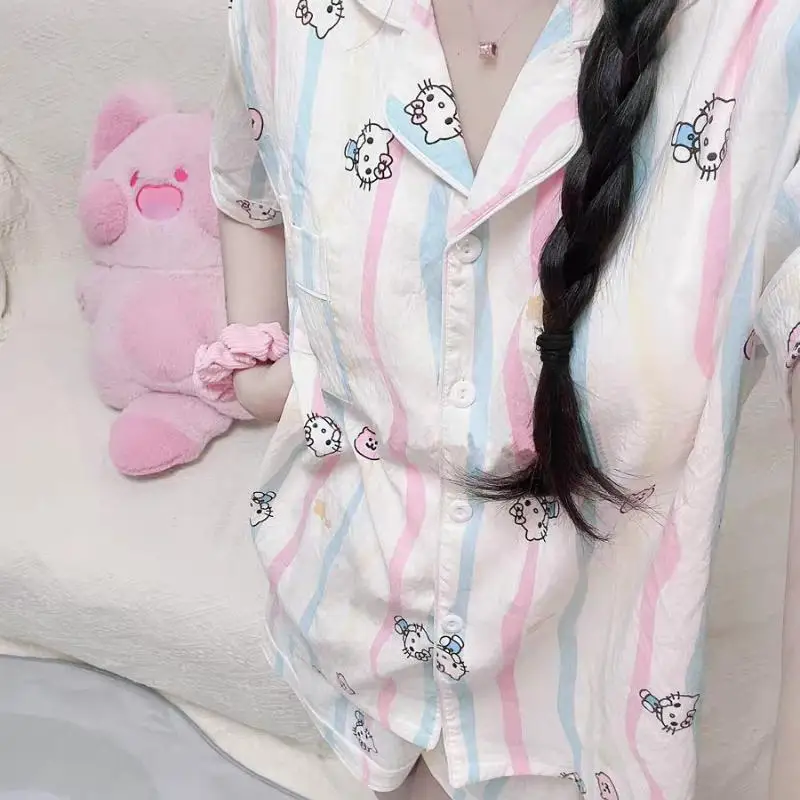 

Sanrio Hellokitty Short-Sleeved Shorts Kawaii Pajamas Suit My Melody Spring Autumn Anime Cartoon Thin Cute Girl Home Clothes