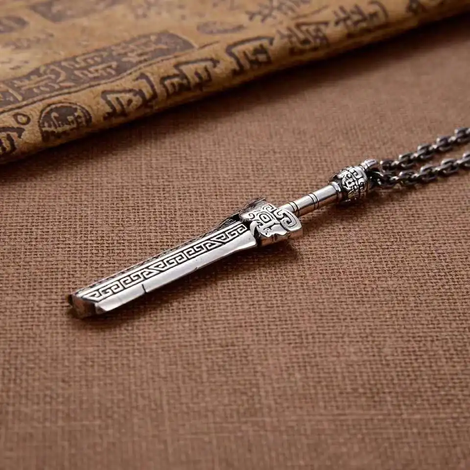 Creative trendsetter pure silver never fails, gluttonous pattern broken sword pendant for men's necklace retro Thai silver craft