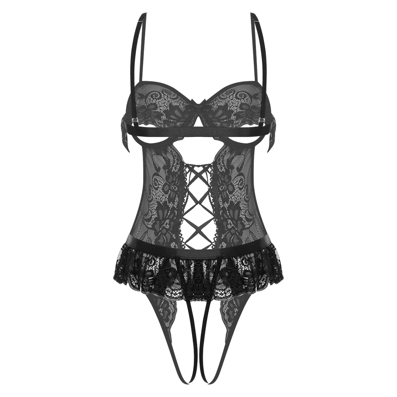 

Женское кружевное боди с оборками и цветочным узором, прозрачное, с открытыми чашечками, без промежности, с открытой спиной, сексуальная ночная сорочка